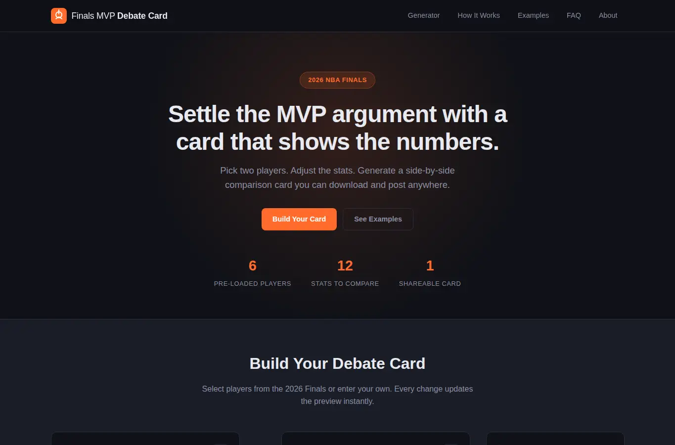 Screenshot of Finals MVP Debate Card Generator interface showing the project page in use